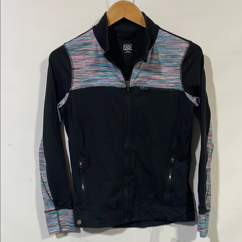 Athleta Girls Black Jacket with Multicolor Stripe Accents